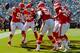 The Kansas City Chiefs defense, led by Tamba Hali (91), Derrick Johnson (56), Justin Houston (50) and Eric Berry (29).