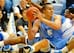 CHAPEL HILL, NC - OCTOBER 25: Jackson Simmons #41 of the North Carolina Tar Heels wins the battle for a loose ball with teammate Kennedy Meeks #3 during Late Night with Roy Williams at the Dean Smith Center on October 25, 2013 in Chapel Hill, North Carol