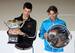 Novak Djokovic and Rafael Nadal hold up their hardware after the 2012 Australian Open championship match.