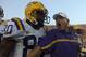 Les Miles shares an intense moment with former LSU receiver Dwayne Bowe before Miles' first game in Tiger Stadium against Tennessee in 2005.