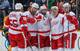 Henrik Zetterberg (center) and Pavel Datsyuk (second from right) celebrate a goal against Nashville.