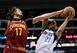 Anderson Varejao blocks Wayne Ellington of the Dallas Mavericks.