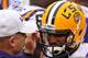 LSU head coach Les Miles shares a moment with quarterback Anthony Jennings before his first career start against Iowa in the Outback Bowl.
