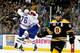 Montreal Canadiens defensemen P.K. Subban and Francis Bouillon celebrate a goal against the Boston Bruins.