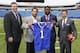 The Buffalo Bills braintrust of head coach Doug Marrone (left), GM Doug Whaley (middle left) and team president Russ Brandon (right) welcome WR Sammy Watkins (middle right).