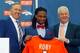 GM John Elway (left) and HC John Fox (right) welcome first-round pick Bradley Roby.
