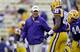 LSU tight end DeSean Smith (No. 89) receives instructions from LSU head coach Les Miles last season.