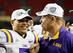 Former LSU DB Tyrann Mathieu celebrates the 2011 SEC Championship triumph over Georgia with head coach Les Miles.
