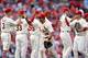 The Cardinals celebrate after beating the Dodgers on July 19.