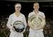 Eugenie Bouchard poses with Petra Kvitova during Wimbledon trophy ceremony.