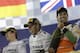Sergio Perez celebrates on the podium in Bahrain.