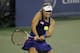Angelique Kerber hits a backhand during a match against Caroline Wozniacki in Cincinnati.