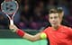 Borna Coric, 17, prepares to hit a forehand during a Davis Cup match against Jerzy Janowicz.