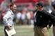 General manager Trent Baalke (left) and head coach Jim Harbaugh (right) will have to trim the 49ers' roster down to 53 players by August 30.