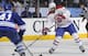 P.K. Subban looks to make a play with the puck against the Maple Leafs.