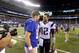 Eli Manning greets Patriots quarterback Tom Brady after the Giants finished 5-0 in the preseason.