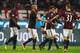Milan players celebrate a Jeremy Menez goal in their 5-0 win over Alessandria in the second leg of the Coppa Italia semifinal.