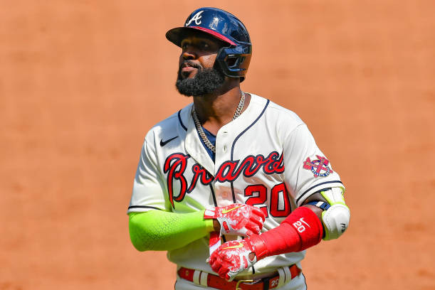 Marcell Ozuna of the Atlanta Braves in the dugout during the Major News  Photo - Getty Images
