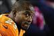 Oct 28, 2012; Denver, CO, USA; Denver Broncos running back Willis McGahee (23) looks on from the bench during the fourth quarter against the New Orleans Saints at Sports Authority Field. The Broncos went on to win 34-14. Mandatory Credit: Byron Hetzler-