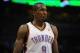May 5, 2013; Oklahoma City, OK, USA; Oklahoma City Thunder forward Serge Ibaka (9) reacts to a play in action against the Memphis Grizzlies during the second half in game one of the second round of the 2013 NBA Playoffs at Chesapeake Energy Arena. The Thu