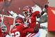 Aug 29, 2013; Bloomington, IN, USA; Indiana Hoosiers wide receiver Shane Wynn (1) and offensive tackle Ralston Evans (62) celebrate a touchdown against the Indiana State Sycamores at Memorial Stadium. Mandatory Credit: Pat Lovell-USA TODAY Sports
