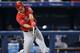 TORONTO, CANADA - SEPTEMBER 12: Mike Trout #27 of the Los Angeles Angels of Anaheim hits an RBI double in the fifth inning driving in the winning run during MLB game action against the Toronto Blue Jays on September 12, 2013 at Rogers Centre in Toronto, O