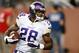 DETROIT, MI - SEPTEMBER 08: Adrian Peterson #28 of the Minnesota Vikings runs the ball during pre game prior to playing the Detroit Lions at Ford Field on September 8, 2013 in Detroit, Michigan. (Photo by Gregory Shamus/Getty Images)