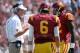LOS ANGELES, CA - SEPTEMBER 21: Head coach Lane Kiffin of the USC Trojans talks to Cody Kessler #6 and Randall Telfer #82 during the second quarter against the Utah State Aggies at the Los Angeles Memorial Coliseum on September 21, 2013 in Los Angeles, C