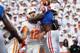 Sep 21, 2013; Gainesville, FL, USA; Florida Gators linebacker Ronald Powell (7) pressures Tennessee Volunteers quarterback Nathan Peterman (12) during the second quarter at Ben Hill Griffin Stadium. Mandatory Credit: Kim Klement-USA TODAY Sports