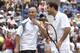 Andre Agassi and Pete Sampras during Arthur Ashe benefit tennis match (Photo by Theo Wargo/Getty Images)