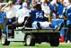 Sep 15, 2013; Indianapolis, IN, USA; Indianapolis Colts guard Donald Thomas (66) is carried off the field after being injured during the first quarter against the Miami Dolphins at Lucas Oil Stadium. Mandatory Credit: Andrew Weber-USA TODAY Sports