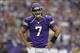 Sep 22, 2013; Minneapolis, MN, USA; Minnesota Vikings quarterback Christian Ponder (7) looks on during the first quarter against the Cleveland Browns at Mall of America Field at H.H.H. Metrodome. The Browns defeated the Vikings 31-27. Mandatory Credit: Br
