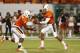 MIAMI GARDENS, FL - AUGUST 30: Stephen Morris #17 hands the ball off to Duke Johnson #8 of the Miami Hurricanes during first quarter action against the Florida Atlantic Owls on August 30, 2013 at Sun Life Stadium in Miami Gardens, Florida. Miami defeated