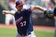 CLEVELAND, OH - AUGUST 25: Starting pitcher Mike Pelfrey #37 of the Minnesota Twins pitches during the first inning against the Cleveland Indians at Progressive Field on August 25, 2013 in Cleveland, Ohio. (Photo by Jason Miller/Getty Images)