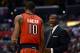 LOS ANGELES, CA - DECEMBER 09: Head Coach Dwane Casey of the Toronto Raptors talks with DeMar DeRozan #10 during a 102-83 Los Angeles Clipper win at Staples Center on December 9, 2012 in Los Angeles, California. NOTE TO USER: User expressly acknowledges