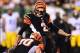 Sep 16, 2013; Cincinnati, OH, USA; Cincinnati Bengals kicker Mike Nugent (2) kicks a field goal during the fourth quarter against the Pittsburgh Steelers at Paul Brown Stadium. Mandatory Credit: Andrew Weber-USA TODAY Sports