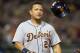 CLEVELAND, OH - AUGUST 5: Miguel Cabrera #24 of the Detroit Tigers reacts after grounded out to second to end the top of the eighth inning against the Cleveland Indians at Progressive Field on August 5, 2013 in Cleveland, Ohio. (Photo by Jason Miller/Gett