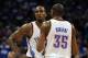 Apr 21, 2013; Oklahoma City, OK, USA; Oklahoma City Thunder forward Kevin Durant (35) talks to Thunder forward Serge Ibaka (9) during a break in action against the Houston Rockets in the second half during game one of the first round of the 2013 NBA Playo