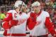 DETROIT, MI - MARCH 10: Pavel Datsyuk #13 of the Detroit Red Wings talks with teammate Henrik Zetterberg #40 before a face-off during an NHL game against the Columbus Blue Jackets at Joe Louis Arena on March 10, 2013 in Detroit, Michigan. Columbus won 3-2