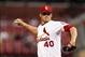 Sep 10, 2013; St. Louis, MO, USA; St. Louis Cardinals starting pitcher Shelby Miller (40) pitches in the in the first inning against the Milwaukee Brewers at Busch Stadium. Mandatory Credit: Scott Kane-USA TODAY Sports