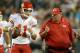 Sep 19, 2013; Philadelphia, PA, USA; Kansas City Chiefs coach Andy Reid (right) talks with quarterback Alex Smith (11) during the game against the Philadelphia Eagles at Lincoln Financial Field. Mandatory Credit: Kirby Lee-USA TODAY Sports