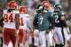 Sep 19, 2013; Philadelphia, PA, USA; Philadelphia Eagles quarterback Michael Vick (7) reacts after an incomplete pass in the fourth quarter against the Kansas City Chiefs at Lincoln Financial Field. The Chiefs defeated the Eagles 26-16. Mandatory Credit: