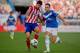 MADRID, SPAIN - SEPTEMBER 14: Diego Costa (L) of Atletico de Madrid competes for the ball with Jose Antonio Garcia Rabasco (R) of UD Almeria during the La Liga match between Club Atletico de Madrid and UD Almeria at Vicente Calderon Stadium on September 1