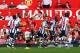 MANCHESTER, ENGLAND - SEPTEMBER 28: Saido Berahino (2nd right) of West Bromwich Albion celebrates with team mates after scoring his sides second goal during the Barclays Premier League match between Manchester United and West Bromwich Albion at Old Traff