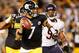 PITTSBURGH, PA - SEPTEMBER 22: Ben Roethlisberger #7 of the Pittsburgh Steelers tries to outrun the tackle of Corey Wootton #98 of the Chicago Bears during the third quarter at Heinz Field on September 22, 2013 in Pittsburgh, Pennsylvania. Chicago won th