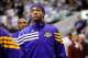 Mar 21, 2012; Dallas, TX, USA; Los Angeles Lakers center Jordan Hill (27) warms up before the game against the Dallas Mavericks at the American Airlines Center. The Lakers defeated the Mavericks 109-93. Mandatory Credit: Jerome Miron-USA TODAY Sports