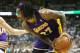 May 10, 2012; Denver, CO, USA; Los Angeles Lakers center Jordan Hill (27) with the ball during the second half of game six in the Western Conference quarterfinals of the 2012 NBA Playoffs against the Denver Nuggets at the Pepsi Center. The Nuggets won 11
