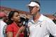 Sep 14, 2013; Los Angeles, CA, USA; Pac-12 Network sideline reporter Drea Avent (left) interviews Southern California Trojans coach Lane Kiffin after the game against the Boston College Eagles at Los Angeles Memorial Coliseum. Mandatory Credit: Kirby Lee-