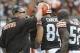 Sep 29, 2013; Cleveland, OH, USA; Cleveland Browns tight end Jordan Cameron (84) is congratulated by Cleveland Browns head coach Rob Chudzinski after catching a first quarter touchdown against the Cincinnati Bengals at FirstEnergy Stadium. Mandatory Credi