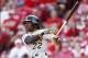 Sep 28, 2013; Cincinnati, OH, USA; Pittsburgh Pirates center fielder Andrew McCutchen (22) bats during the ninth inning against the Cincinnati Reds at Great American Ball Park. The Pirates defeated the Reds 8-3. Mandatory Credit: Frank Victores-USA TODAY